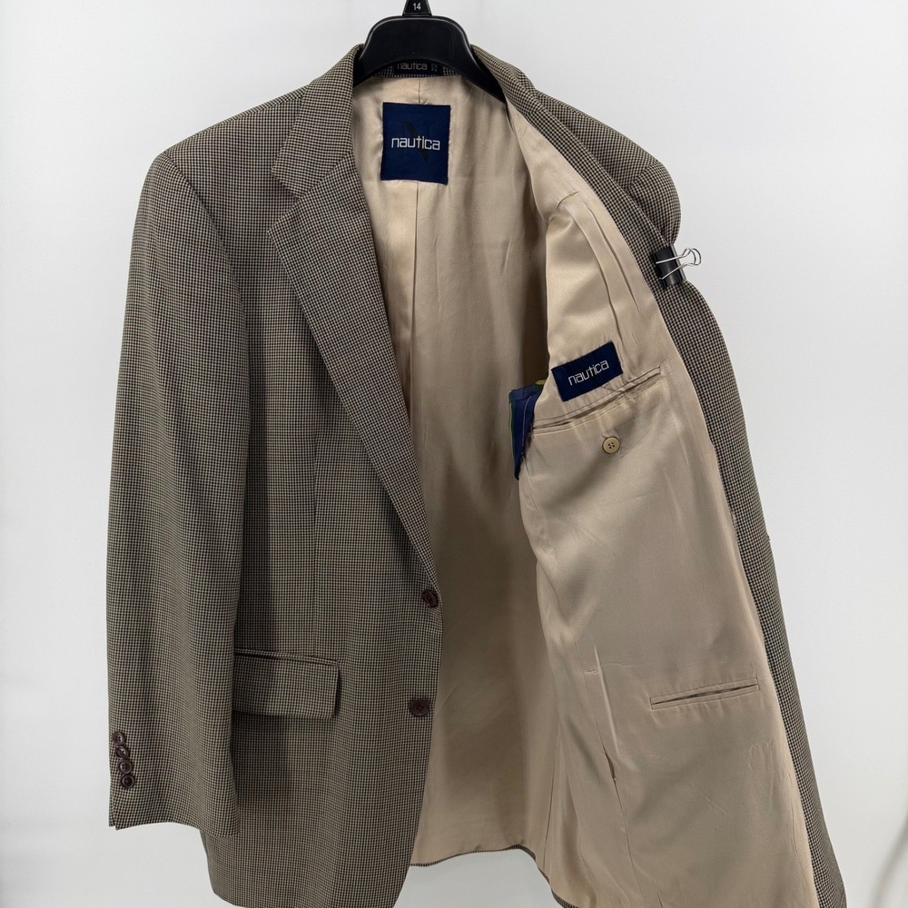 Nautica Sport Coat Mens 42L Brown Houndstooth 100% Wool 2-Button Blazer V044AX
